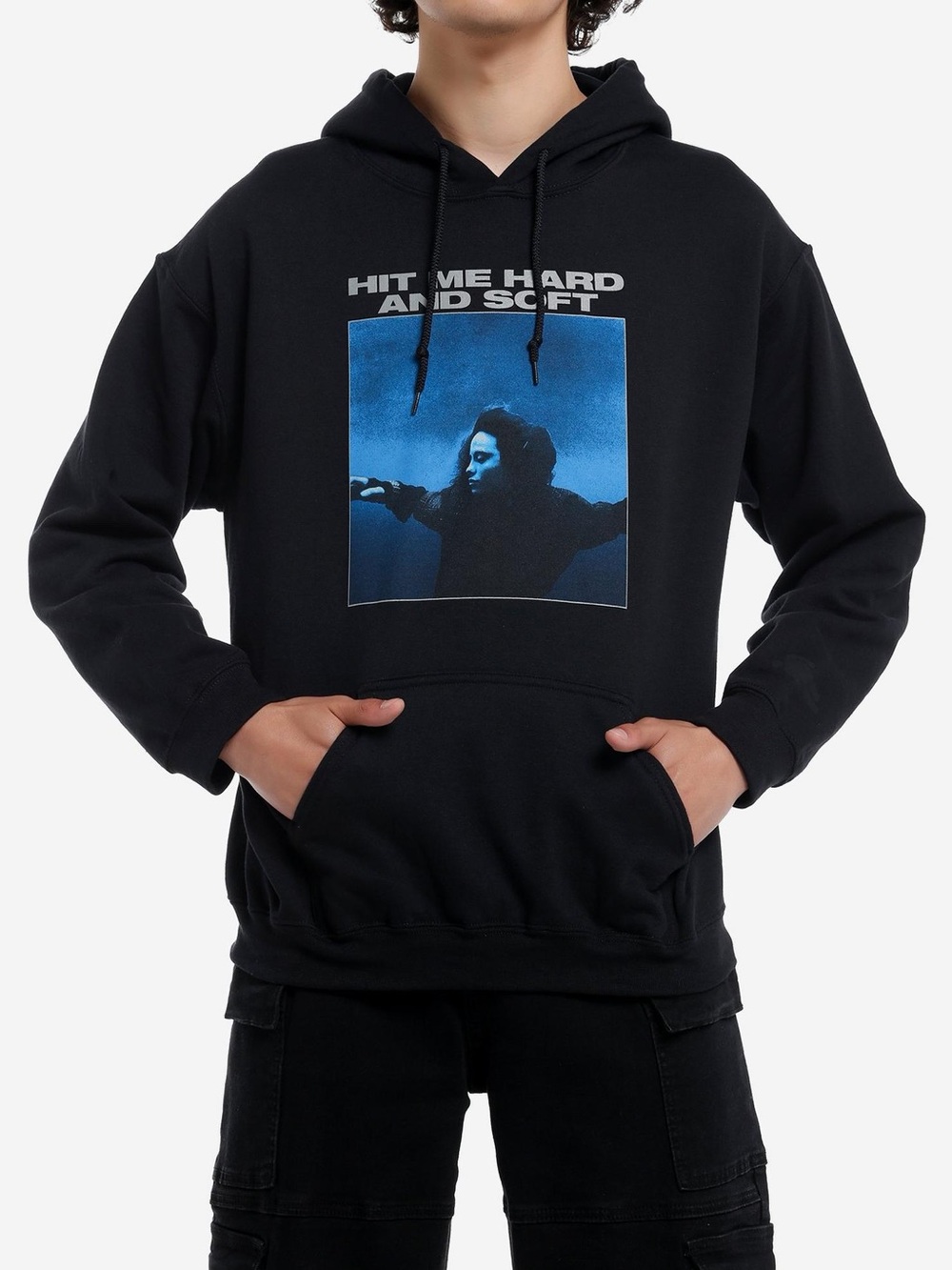 Billie Eilish Black “Hit me hard and soft” Graphic Hoodie with Blue Photo Print